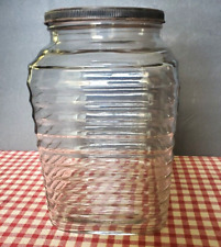Large Vintage Square Kitchen Hoosier Cabinet Canister Jar with Lid Ribbed Glass picture