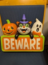 Halloween Lighted Blow Mold Retro BEWARE Pumpkin Black Cat Ghost 16