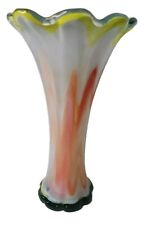 VTG MCM Hand Blown Murano Glass Orange Amber White Yellow Scalloped Vase Spun picture