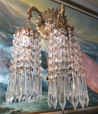 1 Vintage 2-light Sconce Brass waterfall Crystal prisms fountain lamp accent lig picture