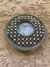 Vintage Style Engraved Brass RHINESTONE Jewelry Trinket Box with Photo Insert picture