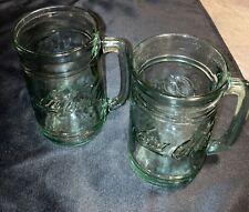 Set Of 2 Vintage COCA-COLA COKE Green Glass STEIN MUG With Handle 16 oz picture