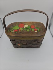 Vintage Basketville Wood Painted Basket Purse Lined Vermont Mushrooms 1970s picture