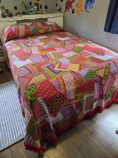 Bates Bedspreads Patchwork 60s 70s Funky Bright Double Fringe Curtains Lot picture