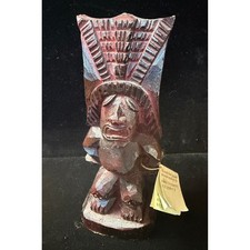 Vintage Hand Carved Wooden Wisdom Tiki Idol Statue Polynesian Decor with Tag picture