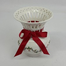 Mikasa Holiday Lace Porcelain Christmas Vase w/ Red Bow Holly 5.75 Inch picture