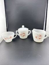 Vintage Anchor Hocking Fire King Fleurette Pattern Cup, & Sugar and Creamer Set picture