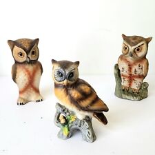 Set of 3 Vintage Porcelain Owl Figurine on Branch With Acorn, Leaves and more.  picture