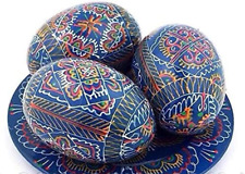 3 Pcs Vintage Blue Pysanky (Pisanki) Handpainted Polish Wooden Easter Eggs picture