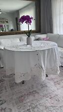 Vintage White Round Tablecloth Lace Cutout 84” Round Cotton  picture