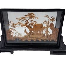 Vtg Chinese Cork Carving 3D Diorama Black Lacquer Wood Frame Encased In Glass picture