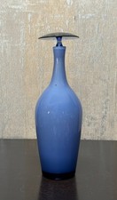 Blue Cased Art Glass Decanter Bottle with Clear Disc Stopper 10.8