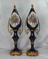 Sevres-Style - Cobalt Blue w/ Floral Scene French Decorative Urns / Finials  18
