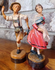 Vtg Anton Fischer German Wood Carved Slap Dancers Pair Man Woman Oberammergau picture