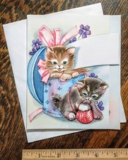 1 VINTAGE GREETING CARD Kitty Cat 1940s, 3 Panel, w Env UNUSED   picture