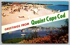 MA, Cape Cod, Greetings, Beach, Sun Bathers, Boats, Vintage Postcard picture