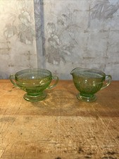 Vintage “Sharon Cabbage Rose” Federal Green Depression Glass Cream & Sugar picture