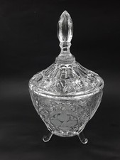 Vintage Three-Footed Candy Dish With Steeple Lid Cut & Etched Glass 10.5