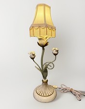 Vintage Shabby Chic Rose Accent Table Lamp Fringe Shade Cottagecore Cream Gold picture