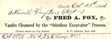 Vintage BILLHEAD*1891 FRED FOX*Vaults Cleansed Oderless Excavator*Lowell MA (O20 picture
