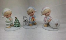 Vintage HOMCO Set of 3 CHILDREN Porcelain Figurines Tree, Snowman, Toy Bag #5613 picture