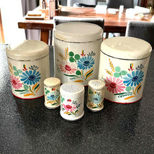 VTG Ransburg Hand Painted Canister Shaker Set 6pc Kitchen Bouquet Patina Craft picture