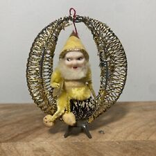 Vintage Shiny Bright Christmas Elf On A Pinecone W/Symbol Ornament Yellow Mesh picture