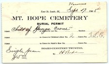 1905 Mt. Hope Cemetery Burial Permit East St. Louis IL picture