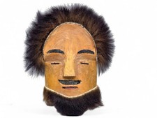 Vtg Alaska Carved Wood Face Mask Dark Fur Trim Wall Hanging Folk Art Carving picture