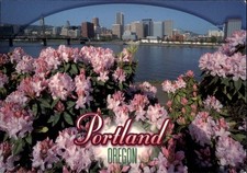 Oregon Portland pink azaleas bridge skyline Willamette River ~ postcard sku967 picture