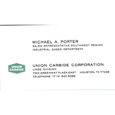 Michael A Porter Union Carbide Corp Houston TX Vintage Business Card SE3-B10 picture