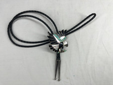 GREAT VINTAGE ZUNI MADE INLAYED EAGLE  BOLO TIE, TURQUOISE, MOTHER OF PEARL, JET picture