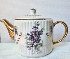 Vintage Ellgreave Ironstone Teapot White w/Purple Violets,Gold Handle & Spout picture