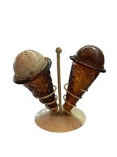 Vintage Set of 2 Amber Glass Ice Cream Cone Salt and Pepper Shakers Vanilla Choc picture