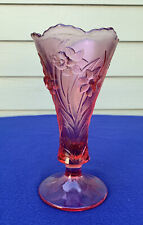 Fenton footed vase with daffodils intaglio rich pink vase, scalloped rim, 8