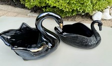 Pair of 2 Vintage Black Ceramic Glass Swan Dish Bowls Planters picture
