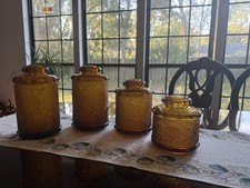 🔥VTG Tiara Amber Canister Set - Indiana Glass-Sandwich Pattern - 4 Pieces-Mint picture