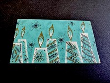 1 VTG MCM Glittered Barker Xmas Greeting Card Atomic Candles in Blue/Teal Tones picture