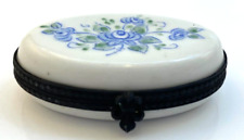 Vintage French Porcelain Hinged Trinket Box Oval Hand Painted Blue Roses picture
