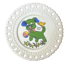 *Ultra Rare* Vintage Westmoreland Puppy Patch Child’s Milk Glass Lace Rim Plate picture