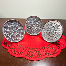 VTG Nordic Ware Cast Aluminum Cookie Stamp Set (3) Blue Hardwood Handle picture