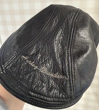 Vintage Harley Davidson Leather Newsboy Cabbie Hat Cap S/M Black Embroider USA picture