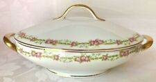 BEAUTIFUL 1907 ANTIQUE T&V LIMOGES PINK ROSES OVAL COVERED VEGETABLE BOWL picture