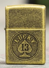 Zippo Antique Brass Lighter with Luck 13 Ace of Spades. 47148, New In Box picture