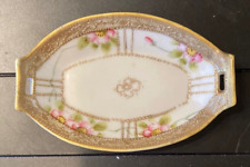 Vintage Pre-WWII Hand Painted Nippon Tiny Dish w/ Handles~Pink Roses & Gold picture