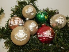 7 Vintage Mercury Glass Stenciled Mica Christmas Ornaments picture