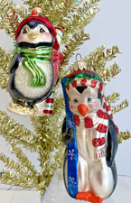 Vintage 1999 Christopher Radko Peppermint Penny &Santa's Best Penguin Ornaments picture
