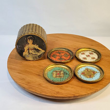 Vintage Round Fluted MCM Wood Florentine Gilt 4 Coaster Set w/ Matching Box/Lid picture