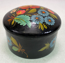 Russian Black Enamel Lacquer Box Hand Painted  Floral Scene Vintage picture