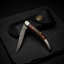 Handmade Damascus Slipjoint Pocket Knife Wood Handle with Premium Leather Sheath picture